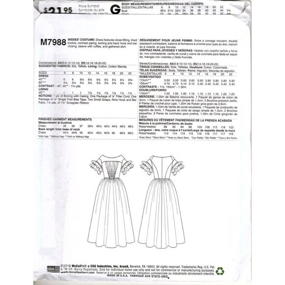 McCall's M7988 Misses 6 to 14 Historical Costume Victorian Dress Pattern New - Picture 2 of 2